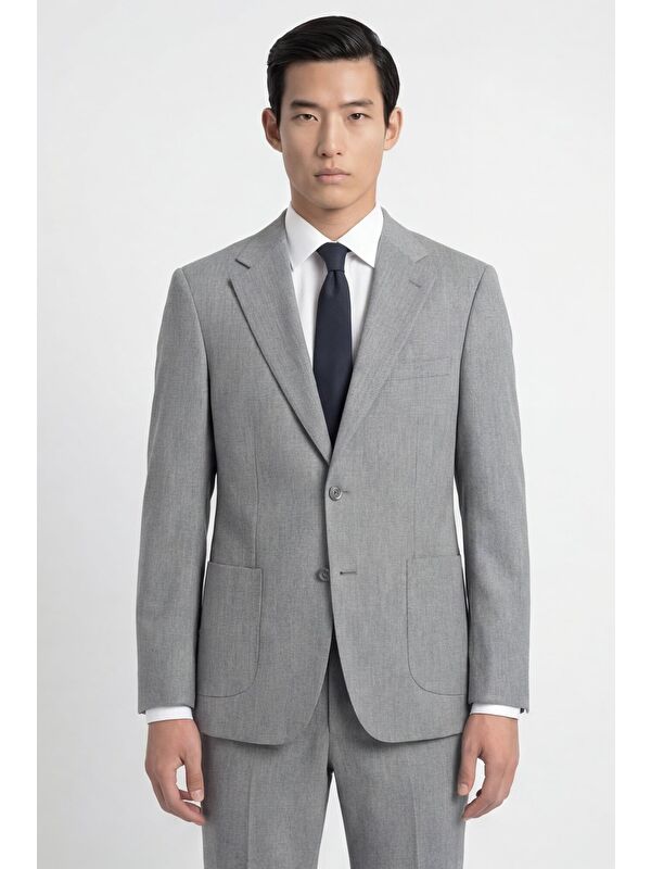 Sabri Özel Erkek Açık Gri Dar Kesim Slim Fit Viskon Mono Yaka Çift Yırtmaç Tam Astarlı 6 Drop Takım Elbise