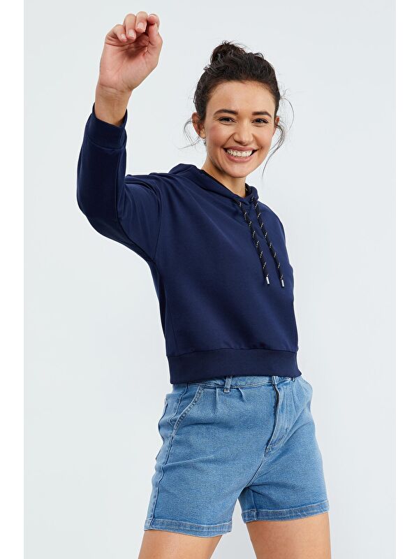 Tommylife İndigo Uzun Kol Rahat Form Kapüşonlu Kadın Sweatshirt - 97115