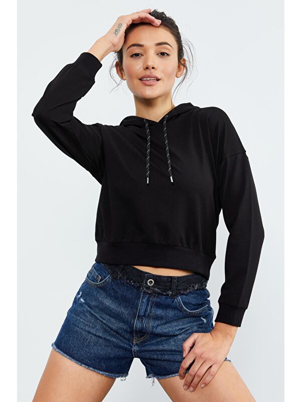 Tommylife Siyah Uzun Kol Rahat Form Kapüşonlu Kadın Sweatshirt - 97115