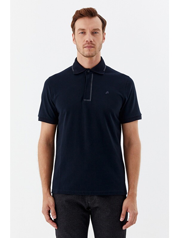 Sabri Özel Lacivert %100 Pamuk Gizli Fermuarlı Polo Yaka T-Shirt