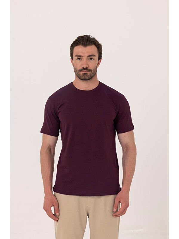 Sabri Özel Bordo %100 Pamuk Bisiklet Yaka Düz Renk Basic T-Shirt