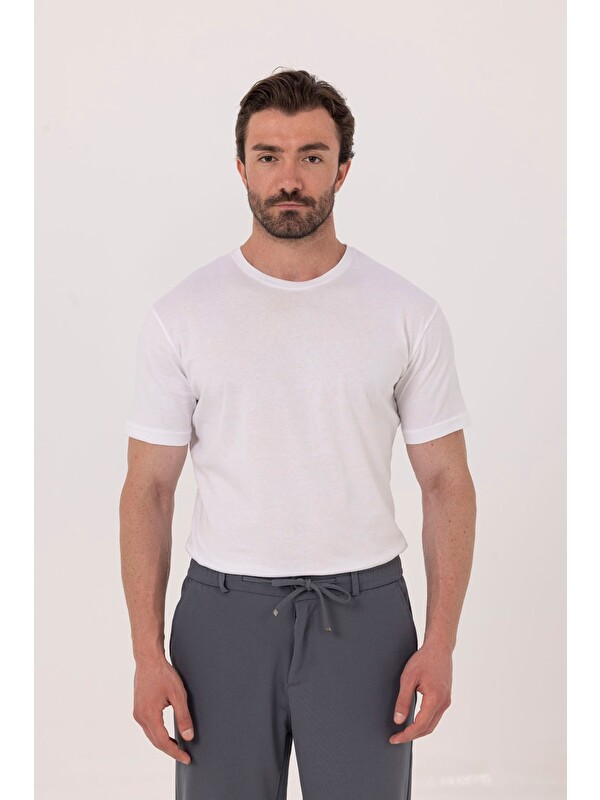 Sabri Özel Beyaz %100 Pamuk Bisiklet Yaka Düz Renk Basic T-Shirt