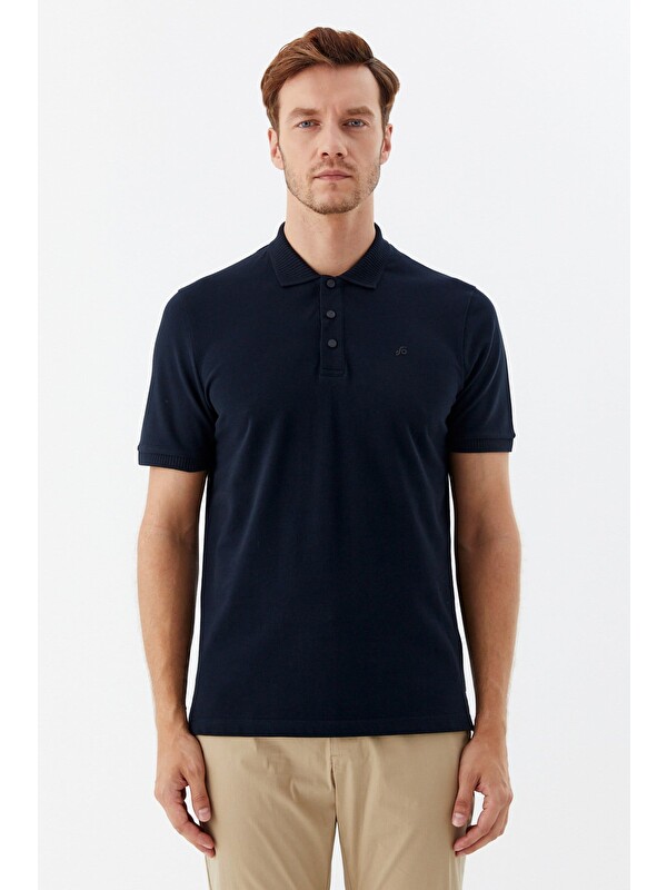 Sabri Özel Lacivert %100 Pamuk Patlı Polo Yaka Regular Fit T-Shirt