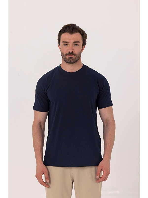 Sabri Özel Lacivert %100 Pamuk Bisiklet Yaka Düz Renk Basic T-Shirt