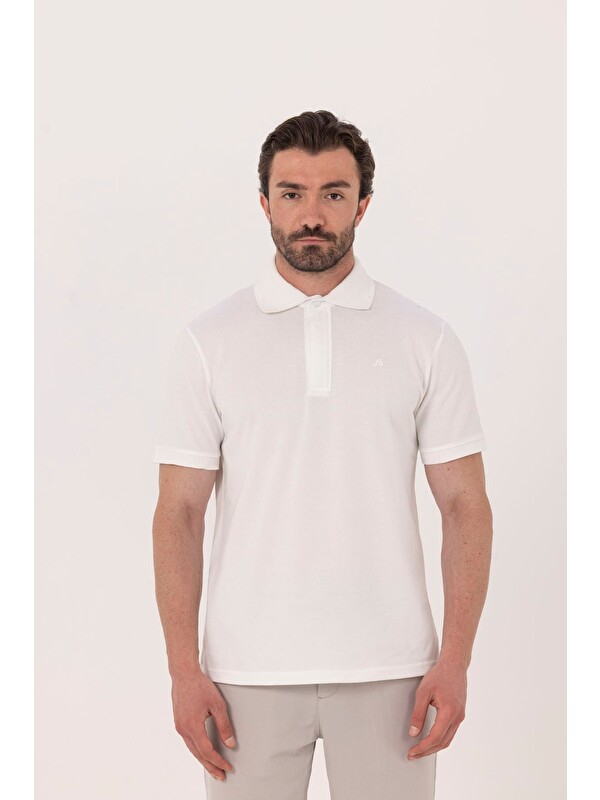 Sabri Özel Ekru %100 Pamuk Gizli Fermuarlı Polo Yaka T-Shirt