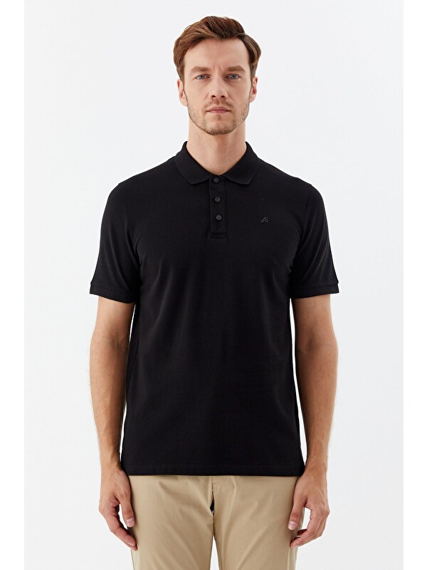 Sabri Özel Siyah %100 Pamuk Patlı Polo Yaka Regular Fit T-Shirt