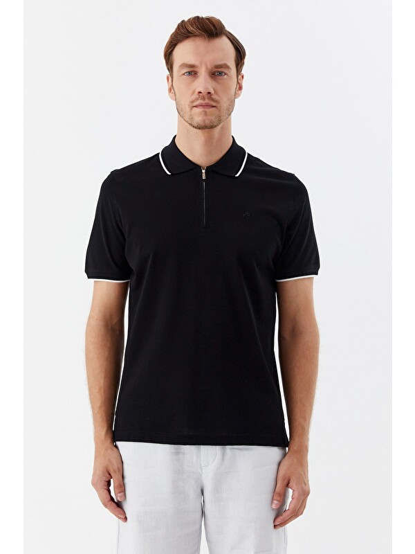 Sabri Özel Siyah Regular Fit %100 Pamuk Fermuarlı Polo Yaka T-Shirt