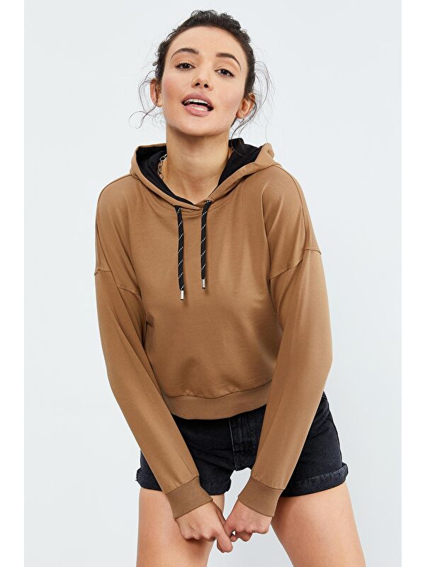 Tommylife Toprak Uzun Kol Rahat Form Kapüşonlu Kadın Sweatshirt - 97115