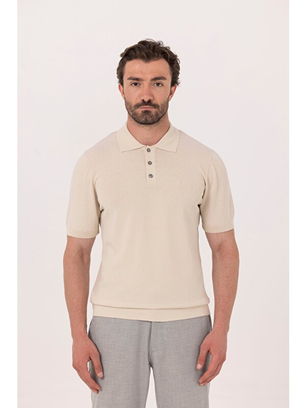 Sabri Özel Bej Regular Fit Göğüs Nakış Detaylı Polo Yaka Triko T-Shirt