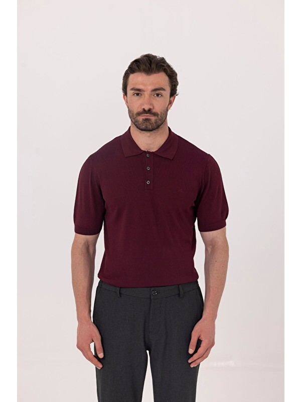 Sabri Özel Bordo Regular Fit Göğüs Nakış Detaylı Polo Yaka Triko T-Shirt