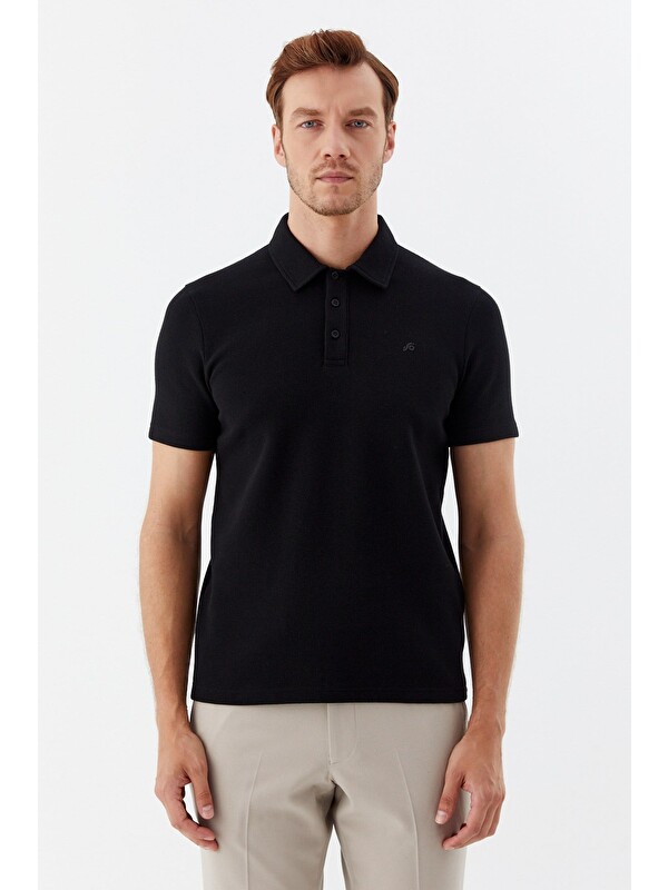 Sabri Özel Siyah Piti Kare Desenli Pamuklu Polo Yaka T-Shirt