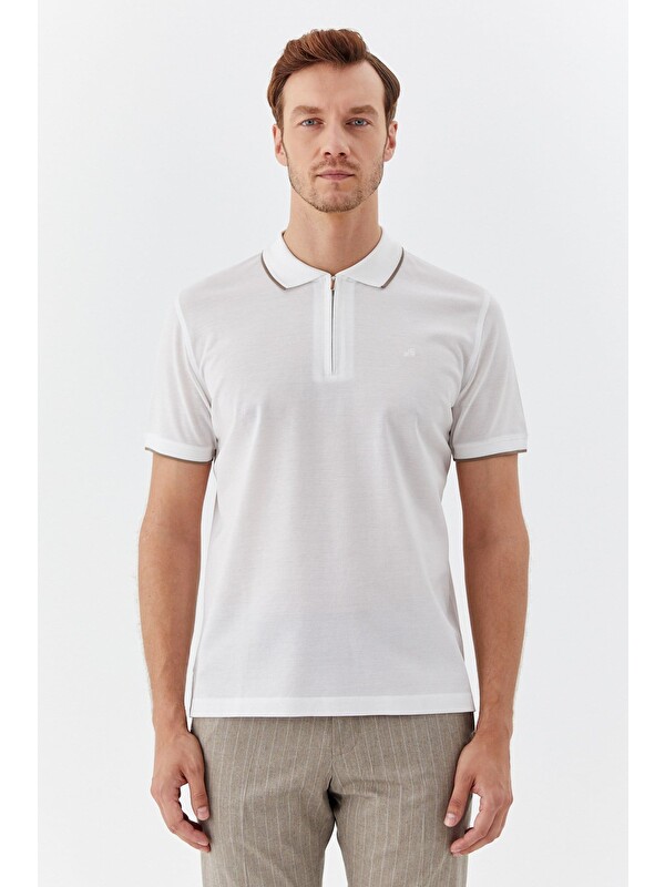 Sabri Özel Beyaz Regular Fit %100 Pamuk Fermuarlı Polo Yaka T-Shirt