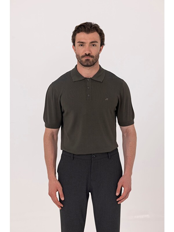 Sabri Özel Koyu Yeşil Regular Fit Göğüs Nakış Detaylı Polo Yaka Triko T-Shirt