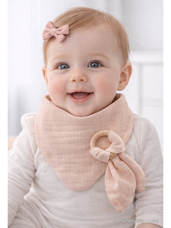 Babyjem Ahşap Diş Kaşıyıcılı Bürümcük Müslin Önlük Somon