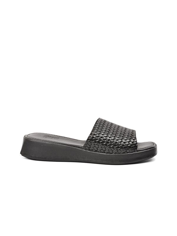 837 Siyah Hakiki Deri Tek Bantlı Kadın Terlik - Görsel 2