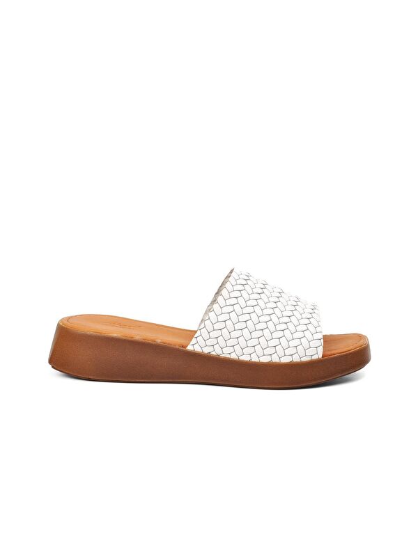 837 Beyaz Hakiki Deri Tek Bantlı Kadın Terlik - Görsel 2