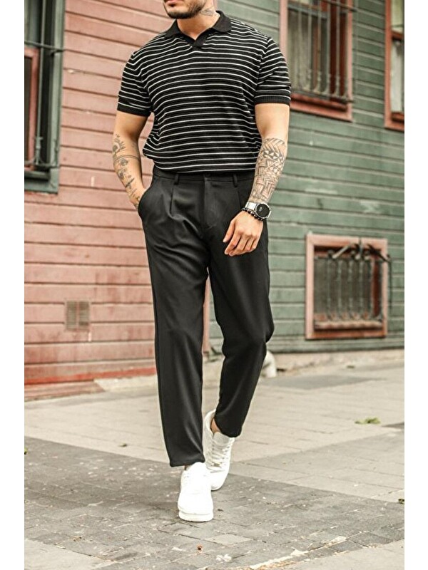 Tarz Cool Çizgili Polo Yaka Tişört Siyah