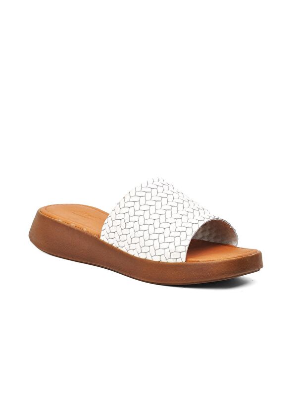 837 Beyaz Hakiki Deri Tek Bantlı Kadın Terlik - Görsel 4