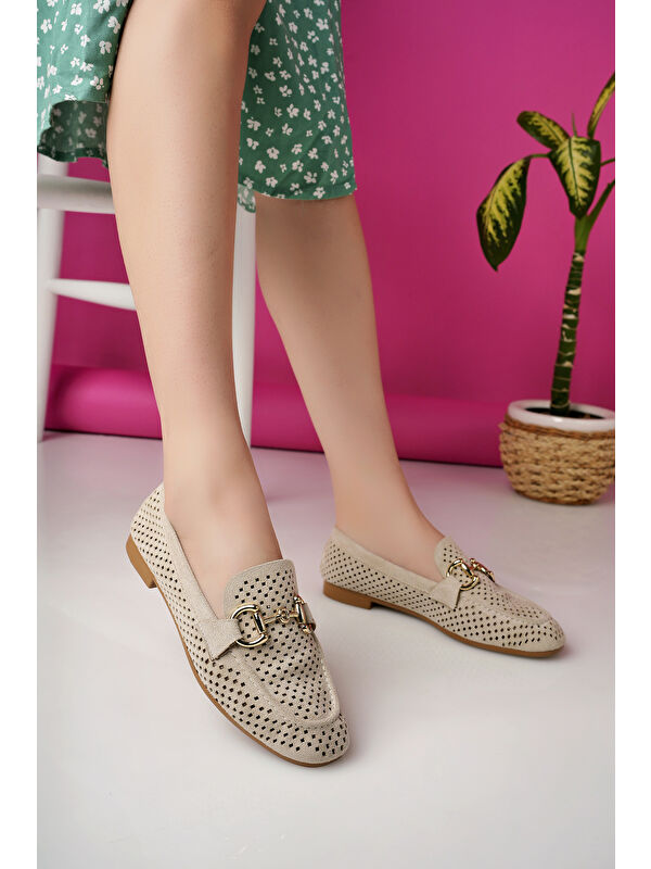 PHUKET Metal Tokalı Lazerli Nefes Alabilen Deri Kadın Loafer Günlük Ayakkabı - Görsel 3