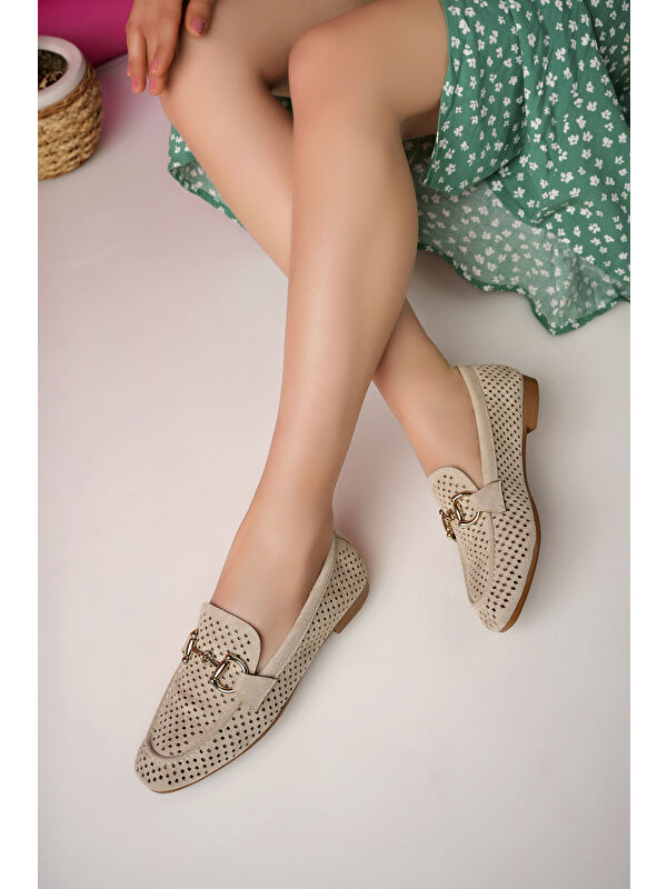 PHUKET Metal Tokalı Lazerli Nefes Alabilen Deri Kadın Loafer Günlük Ayakkabı - Görsel 4