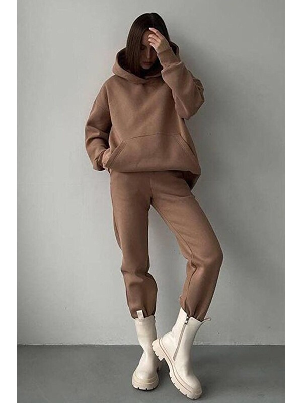 Madmext Kahverengi Kapüşonlu Oversize Kadın Eşofman Takımı Mg1609