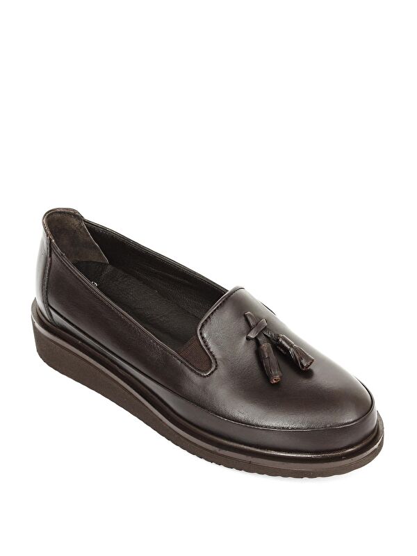 KAHVERENGİ Gön Hakiki Deri Yuvarlak Burun Dolgu Taban Püsküllü Kadın Günlük Ayakkabı 24142 - Görsel 6