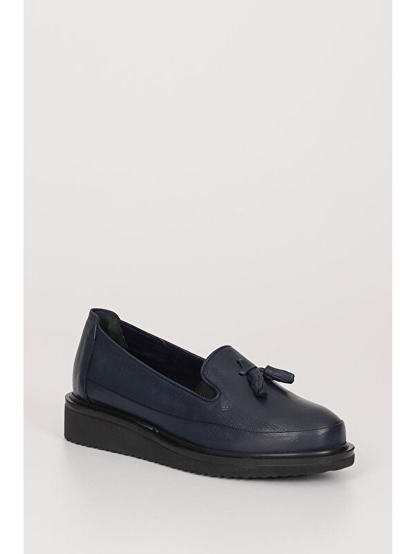 LACİVERT Gön Hakiki Deri Yuvarlak Burun Dolgu Taban Püsküllü Kadın Günlük Ayakkabı 24142 - Görsel 6