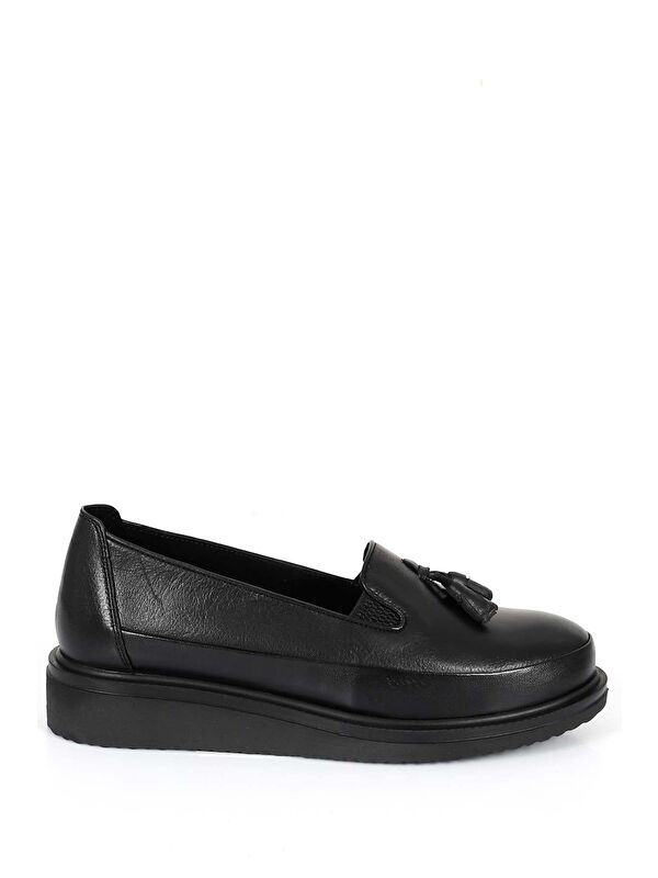 SİYAH Gön Hakiki Deri Yuvarlak Burun Dolgu Taban Püsküllü Kadın Günlük Ayakkabı 24142 - Görsel 5