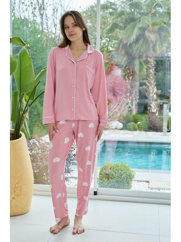 Remsa Kadın Kalp Desenli Önü Düğmeli Yumuşak Milan Kumaş Pijama Takımı 250376 Pembe02