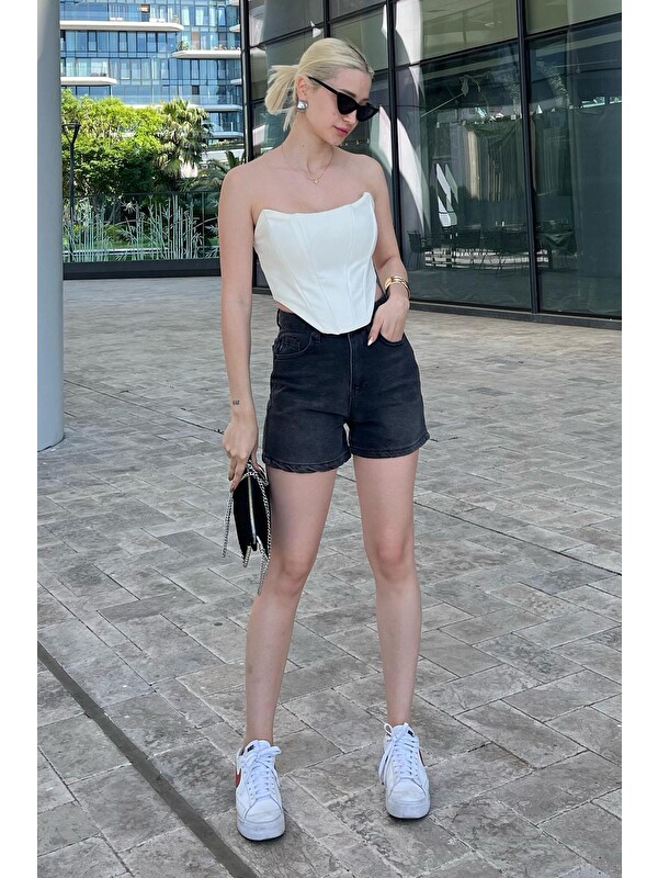 Madmext Siyah Yüksek Bel Cepli Jean Şort Mg2091