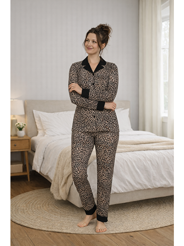 Formo PREMIUM Kadın Leopar Viskon Gömlek Yaka Boydan Düğmeli Uzun Kollu Yüksek Kalite Pijama Takımı