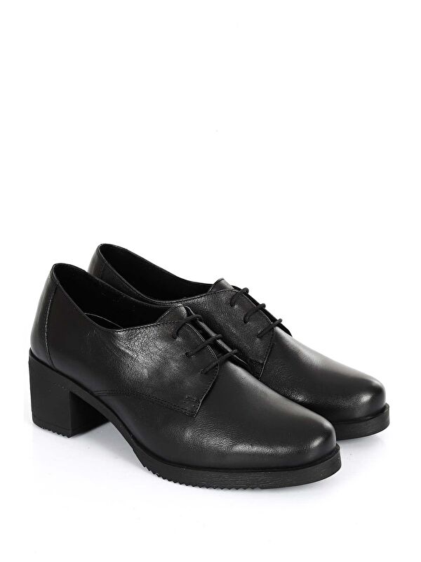 SİYAH Hakiki Deri Yuvarlak Burun Orta Topuklu Bağcıklı Kadın Ayakkabı 24230 - Görsel 5