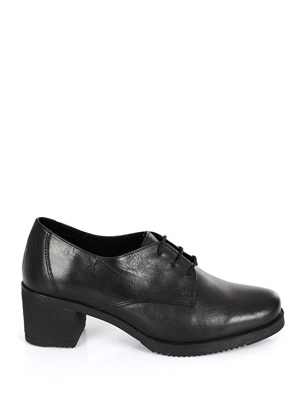 SİYAH Hakiki Deri Yuvarlak Burun Orta Topuklu Bağcıklı Kadın Ayakkabı 24230 - Görsel 6