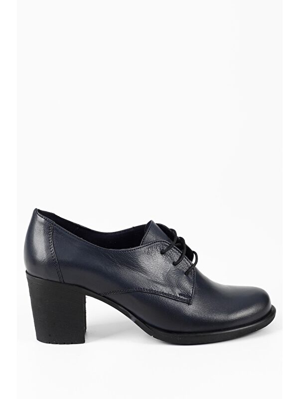 LACİVERT Hakiki Deri Yuvarlak Burun Orta Topuklu Kauçuk Taban Bağcıklı Kadın Ayakkabı 24135 - Görsel 5