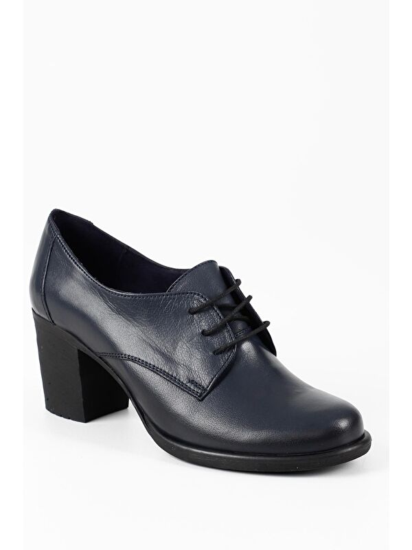 LACİVERT Hakiki Deri Yuvarlak Burun Orta Topuklu Kauçuk Taban Bağcıklı Kadın Ayakkabı 24135 - Görsel 6