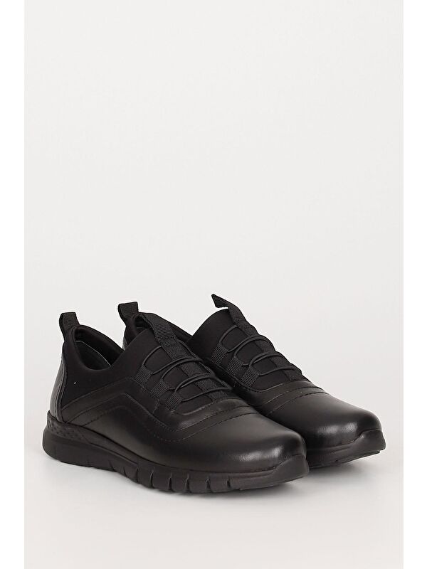 SİYAH Hakiki Deri Yuvarlak Burun Dolgu Taban Kadın Günlük Ayakkabı 42911 - Görsel 3