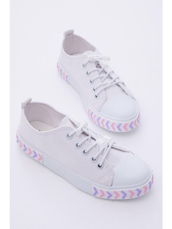 Çocuk Unisex Beyaz Pudra Rahat Kalıp Ok Detaylı Lastik Bağcıklı Kumaş Spor Ayakkabı - Görsel 2