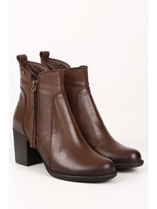 KAHVERENGİ Hakiki Deri Yuvarlak Burun Topuklu Kauçuk Taban Fermuarlı Püsküllü Kadın Günlük Bot 1040 - Görsel 3