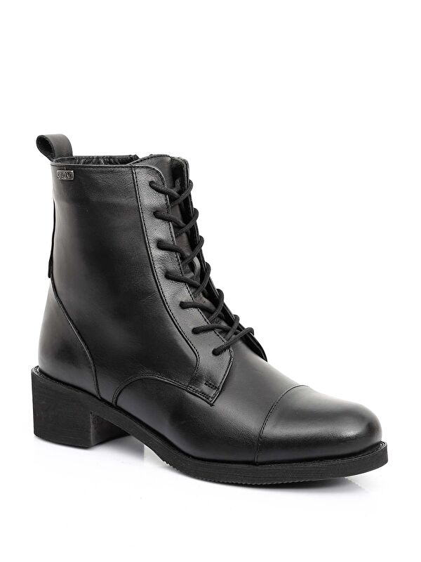 SİYAH Hakiki Deri Yuvarlak Burun Kauçuk Taban Topuklu Fermuarlı Bağcıklı Kadın Günlük Postal Bot 51 - Görsel 6