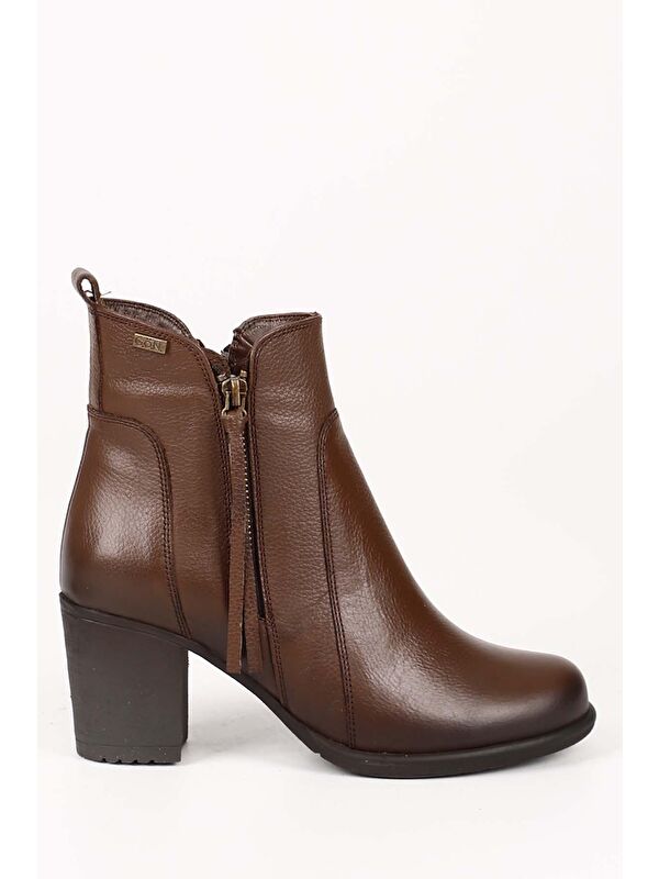 KAHVERENGİ Hakiki Deri Yuvarlak Burun Topuklu Kauçuk Taban Fermuarlı Püsküllü Kadın Günlük Bot 1040 - Görsel 5