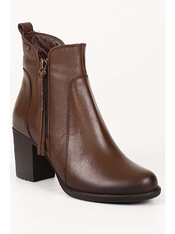 KAHVERENGİ Hakiki Deri Yuvarlak Burun Topuklu Kauçuk Taban Fermuarlı Püsküllü Kadın Günlük Bot 1040 - Görsel 6