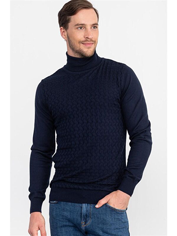 TUDORS Slim Fit Tam Balıkçı Yaka İnce Yün Erkek Lacivert Kazak