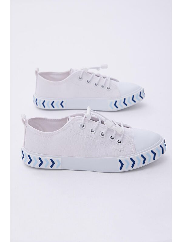 Çocuk Unisex Beyaz Mavi Rahat Kalıp Ok Detaylı Lastik Bağcıklı Kumaş Spor Ayakkabı - Görsel 2