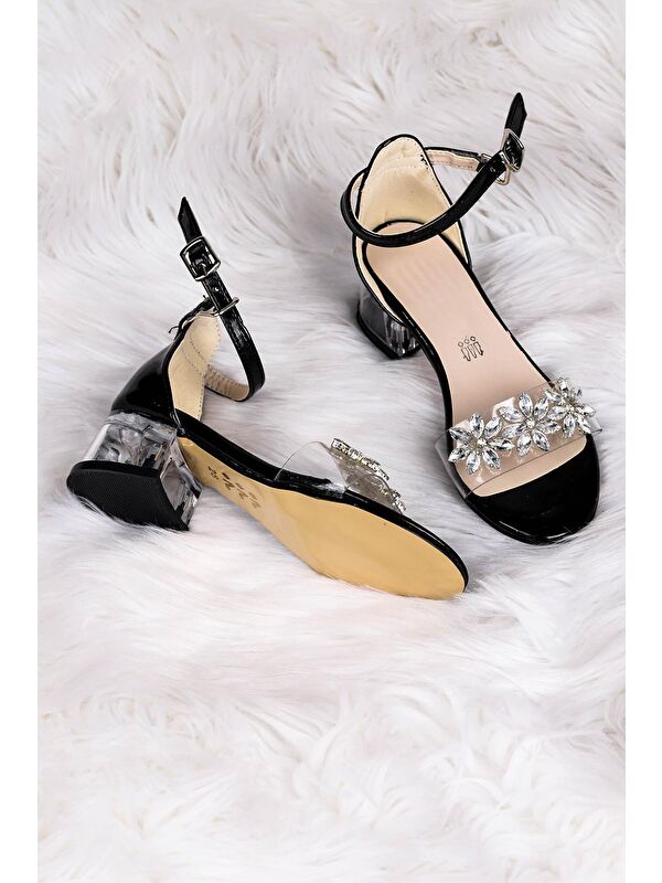 Yangu Rugan Taşlı Kız Çocuk 3 Cm Şeffaf Topuklu Sandalet Abiye Ayakkabı - Görsel 3