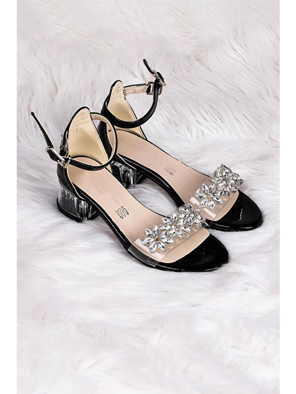 Yangu Rugan Taşlı Kız Çocuk 3 Cm Şeffaf Topuklu Sandalet Abiye Ayakkabı - Görsel 4