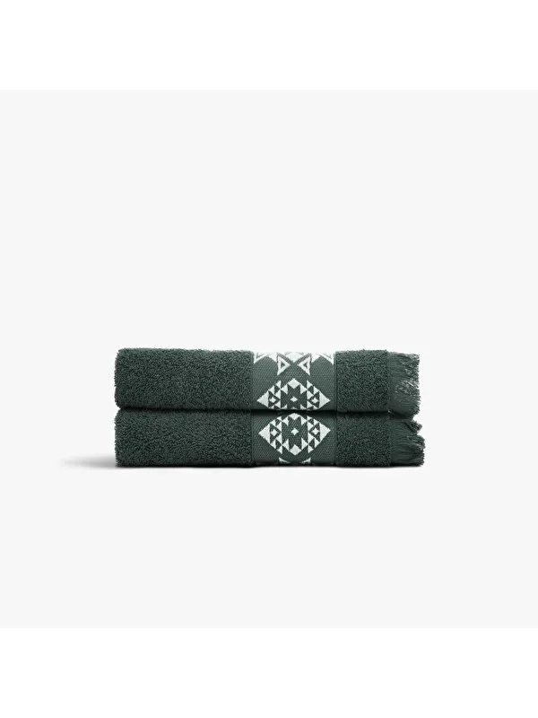 Green Black Hereke 2'li El Yüz Havlusu Seti %100 Pamuk Jakarlı Krem Bordürlü Yeşil 50x80 Cm