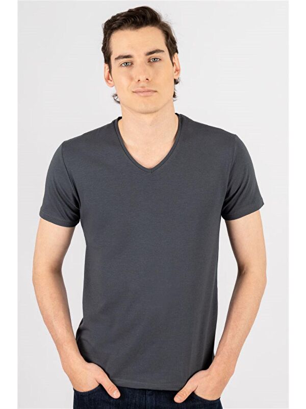 TUDORS Slim Fit V Yaka Düz Basıc Kısa Kol Tişört