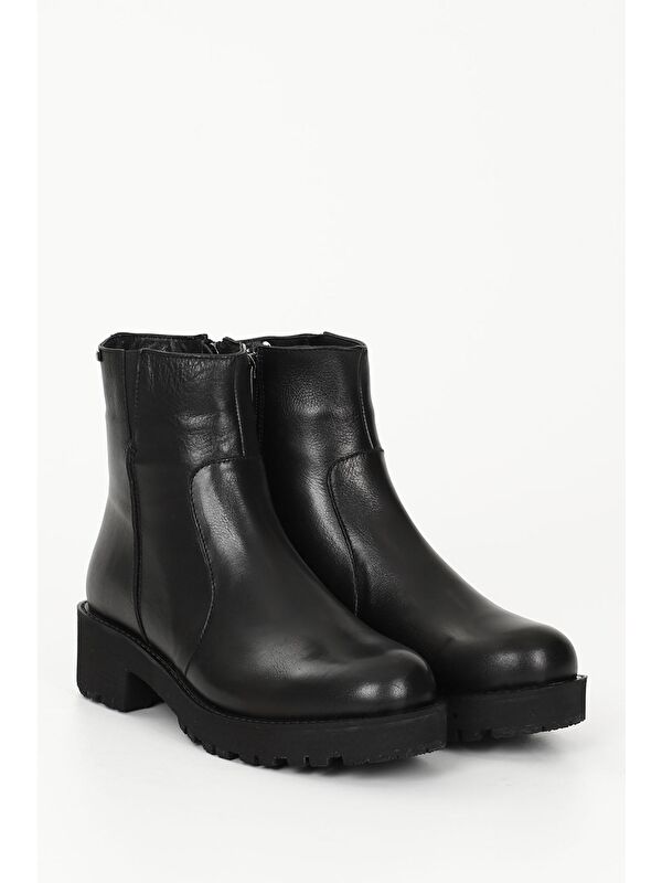 SİYAH Hakiki Deri Yuvarlak Burun Topuklu Kauçuk Taban Fermuarlı Kadın Günlük Bot 52421 - Görsel 3