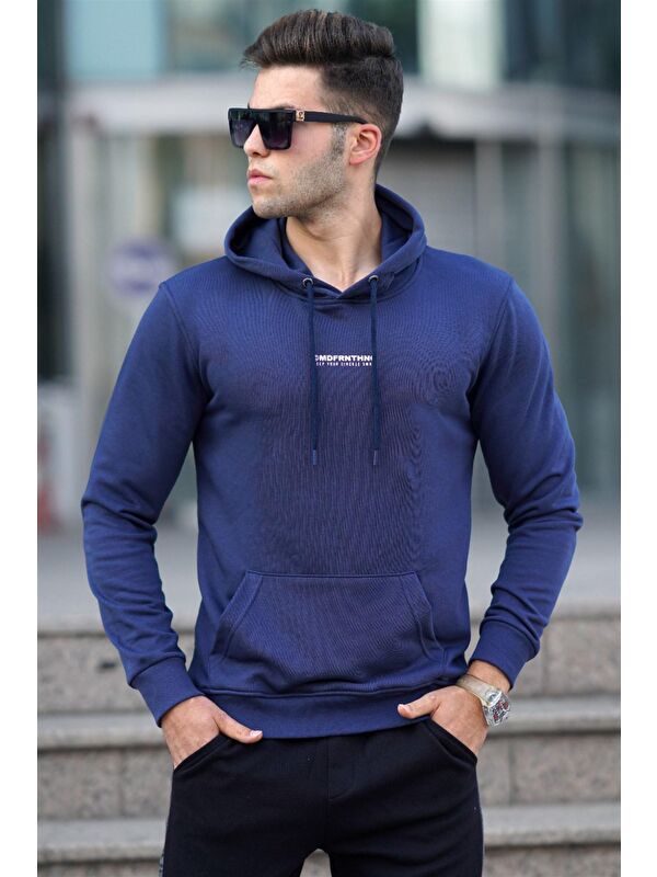 Madmext Lacivert Baskılı Erkek Kapüşonlu Sweatshirt Hoodie 5306