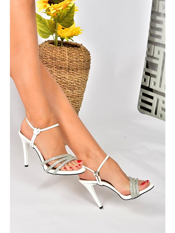 Beyaz Taşlı İnce Topuklu Kadın Abiye Ayakkabı P997005509 - Görsel 3
